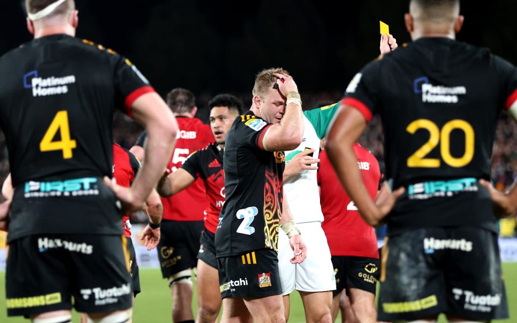Chiefs' Sam Cane reacts during the Super Rugby Pacific final match between the Chiefs and Crusaders at FMG Stadium in Hamilton.