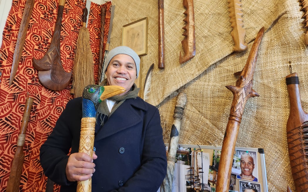 South Island Samoan carver Amosa Tualamali'i inside his workshop at Fibre Gallery.