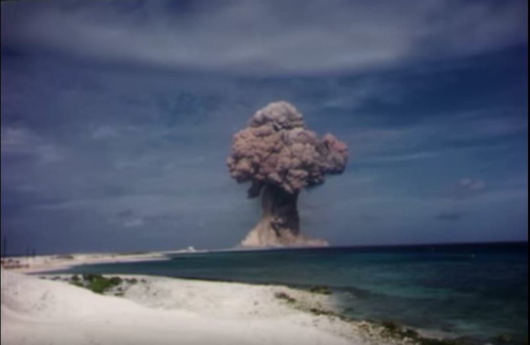 Screenshot of declassified footage of nuclear testing during the Cold War.