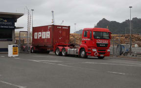 The fourth truck to leave Northport on Friday morning, carrying a container to Auckland. The cargo is from the ship Constantinos P which was diverted to Northport because of delays in unloading in Auckland.