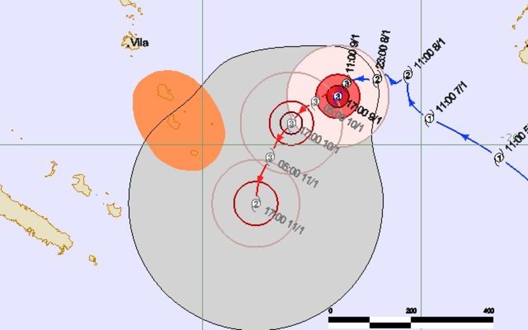 A map forecasting the path Cyclone Ula is likely to take. Tafea province, which includes Tanna, is shaded yellow.