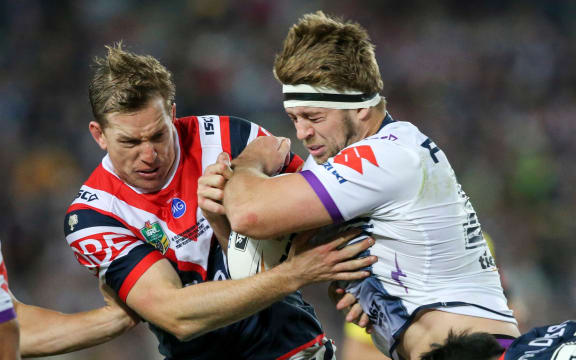 Mitchell Aubusson (L) makes a tackle on Christian Welch. Sydney Roosters v Melbourne Storm, NRL Grand Final, Rugby league, ANZ Stadium, Sydney, Australia, 30 September 2018.