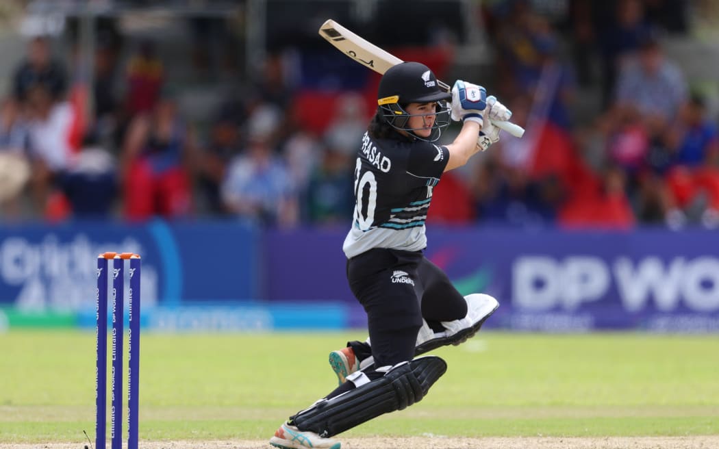 KUCHING, SARAWAK, MALAYSIA - JANUARY 22: Darcy-Rose Prasad of New Zealand bats during the ICC Women's U19 T20 World Cup 2025 match between New Zealand and Samoa at Borneo Cricket Ground on January 22, 2025 in Kuching, Sarawak, Malaysia.  (Photo by Matthew Lewis-ICC/ICC via Getty Images)