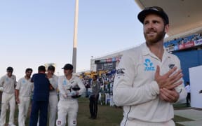 New Zealand captain Kane Williamson  with teammates after their victory against Pakistan on the third and final Test cricket match between Pakistan and New Zealand at the Sheikh Zayed International Cricket Stadium in Abu Dhabi on December 7, 2018. AFP