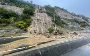 A slip on Rocks Road, Nelson, which was closed by slips after torrential rain  on 17 August.