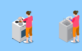 Isometric icons set with housewife during home cleaning, cooking, child care on blue background isolated vector illustration