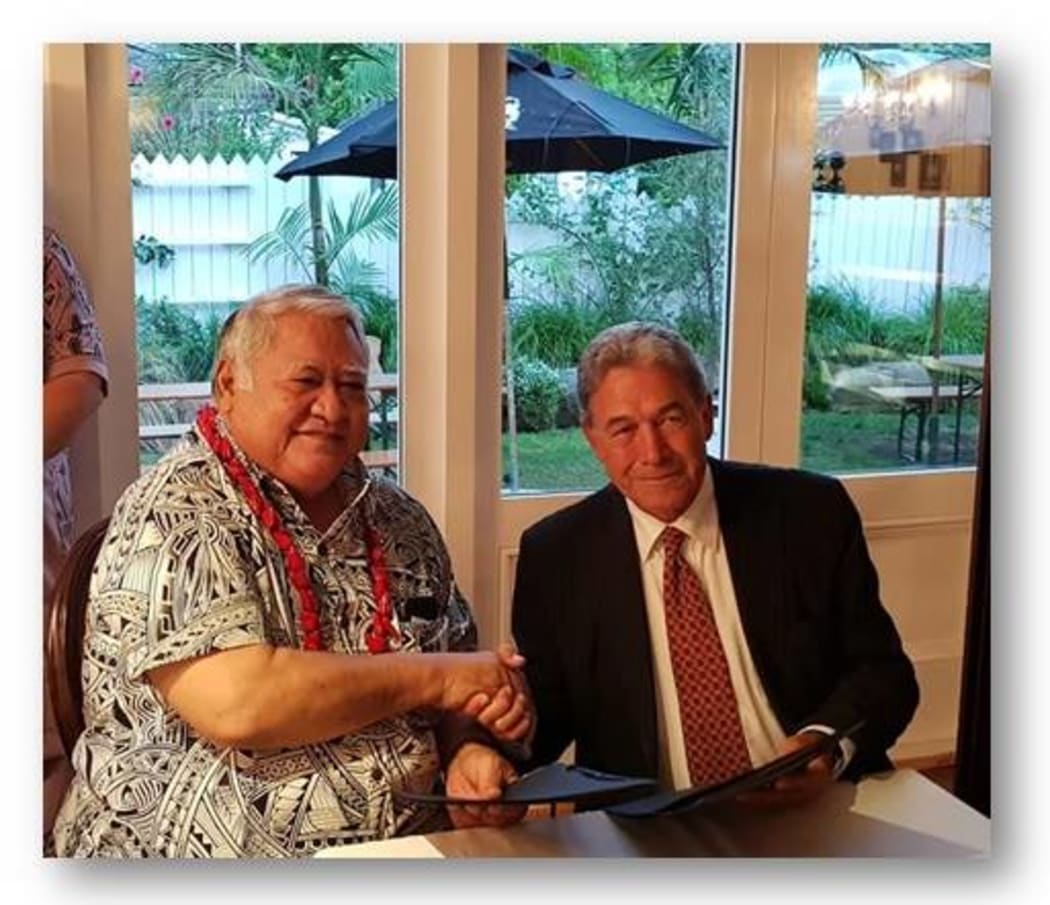 Samoan Prime Minister Tuilaepa Sailele Malielegaoi the New Zealand’s Deputy Prime Minister and Foreign Affairs Minister Winston Peters seals a a new Partnership Agreement at the end of the talks in Wellington this week.