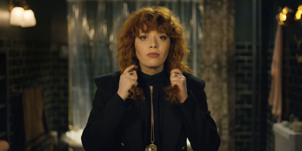 Natasha Lyonne as Nadia in the birthday party bathroom she is about to become very familiar with, in Russian Doll from Netflix.