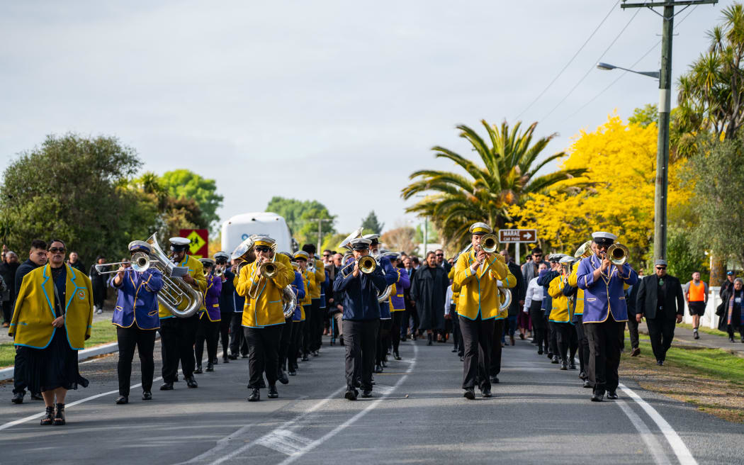The Rātana Brass Band lead manuhiri onto Tuahiwi Marae for Te Pūnuiotoka.