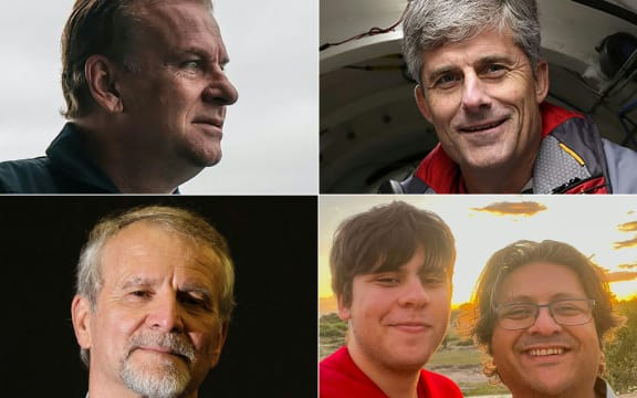 This combination of pictures created on June 21, 2023 shows Titan submersible passengers (L-R, top to bottom) Hamish Harding, in an image courtesy of Dirty Dozen Productions, ahead of the 4am start of the RMS Titanic Expedition Mission 5 on June 18, 2023. A portrait courtesy of OceanGate Expeditions of their CEO and founder Stockton Rush. A May 31, 2013, file photo of Paul-Henri Nargeolet, director of a deep ocean research project dedicated to the Titanic, in Paris. An
undated image courtesy of the Dawood Hercules Corporation released on June 20, 2023, of Suleman Dawood and his father Shahzada Dawood, vice-chairman of Karachi-headquartered conglomerate Engro.
Rescuers searching for the Titan near the wreck of the Titanic have detected "underwater noises" in the search area, the US Coast Guard said June 21, 2023, with the five on board estimated to have less than 24 hours of oxygen left.
Handout, Joël SAGET / AFP / Dirty Dozen Productions / OceanGate Expeditions / DAWOOD HERCULES CORPORATION