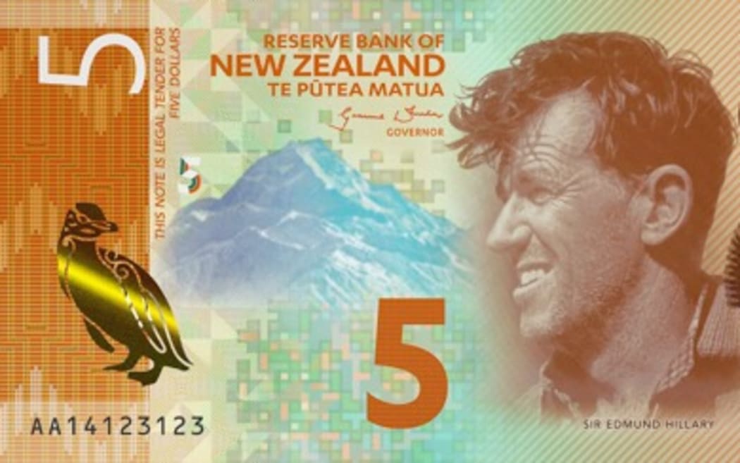The New Zealand five-dollar note, featuring the image of mountaineer Sir Edmund Hillary.