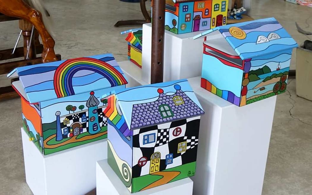 Hundertwasser style letter boxes on sale at local craft shop.