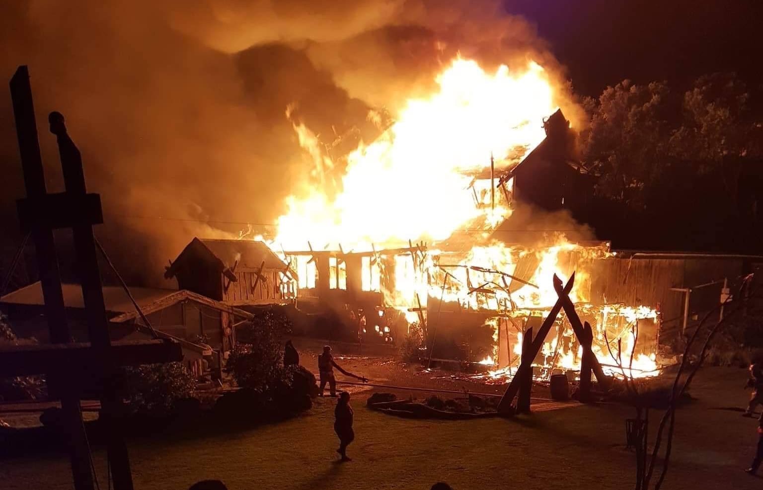 Tapu Te Ranga Marae in flames.