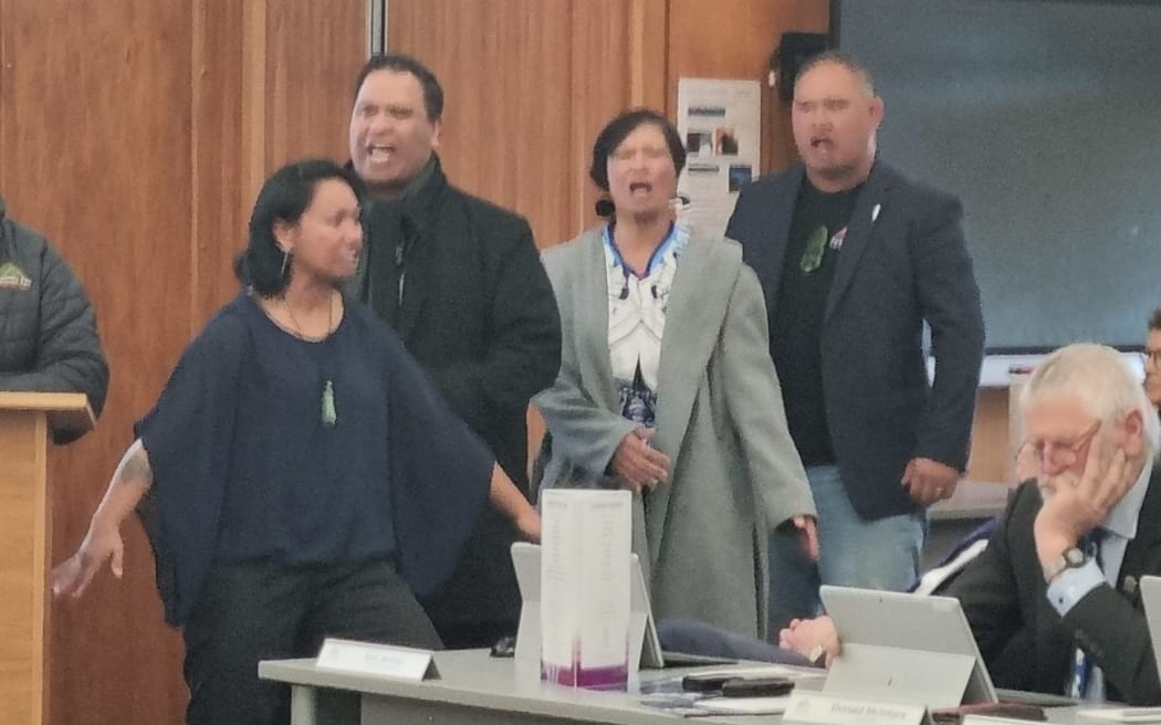 The Moeahu whanau perfom a haka at the conclusion of Peter Moeahu's deputation.