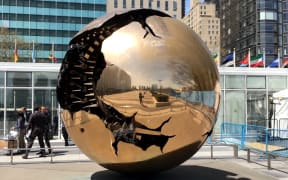 A view of the Sphere Within Sphere sculpture outside the UN General Headquarters in NYC.