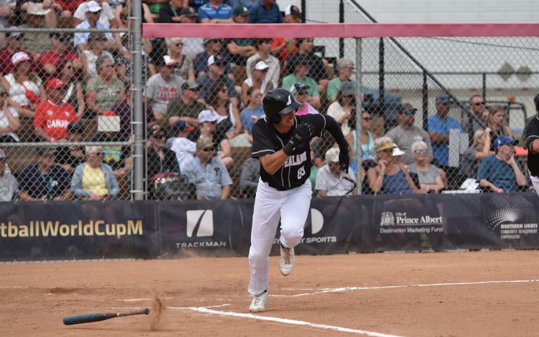 Ben Enoka in action during game 3 of the WBSC World Cup Finals against Venezuela.