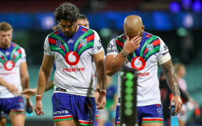 Tohu Harris and Leeson Ah Mau looking dejected after they were beaten by the Roosters. NRL Rugby League, Sydney Cricket Ground, NSW, Australia, Sunday 4th April 2021