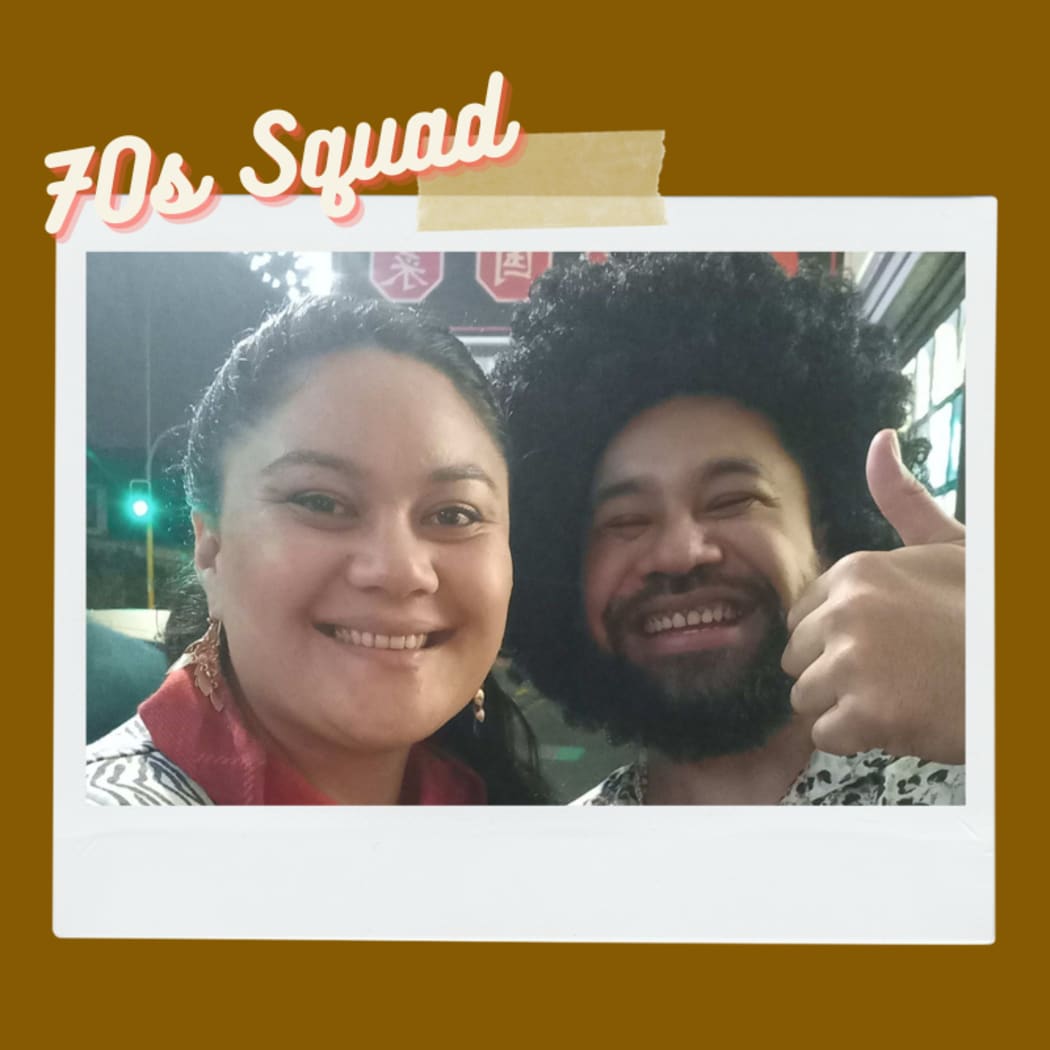 A close up polaroid style photo of two smiling guests in 70s style clothing. The image is bordered with a brown 70s frame and the caption ''70s Squad"