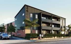 An artist's impression of outside the apartment building complex to be built in Onehunga.