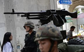 Thai troops at an intersection in Bangkok.
