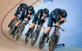 Campbell Stewart, Regan Gouch, Jordan Kerby and Corbin Strong of New Zealand during the Men's Team Pursuit.