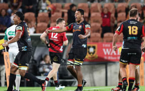 Samipeni Finau of the Chiefs celebrates the win during the Super Rugby Pacific rugby match between the Chiefs and the Crusaders at FMG Stadium in Hamilton, New Zealand on Friday February 23, 2024. Copyright photo: Aaron Gillions / www.photosport.nz