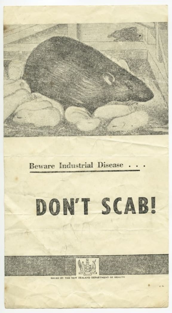 An image of a flier issued by industrial unions during the waterfront strike in 1951. It shows a large rat amidst other smaller ones and the words, "Beware Industrial Disease. Don't Scab"