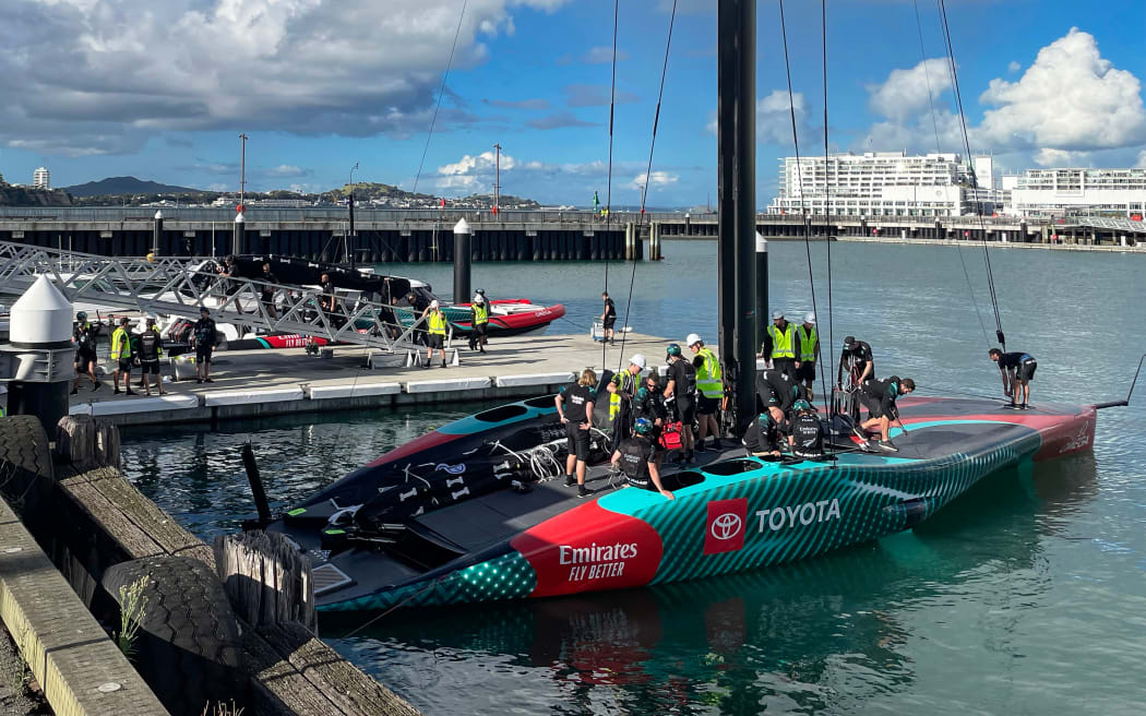 America's Cup defender Team New Zealand complete a testing session on their AC75 boat Taihoro.