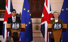 Britain's Prime Minister Rishi Sunak and European Commission chief Ursula von der Leyen attend a joint press conference at the Fairmont Hotel in Windsor, west of London on February 27, 2023, following their meeting.