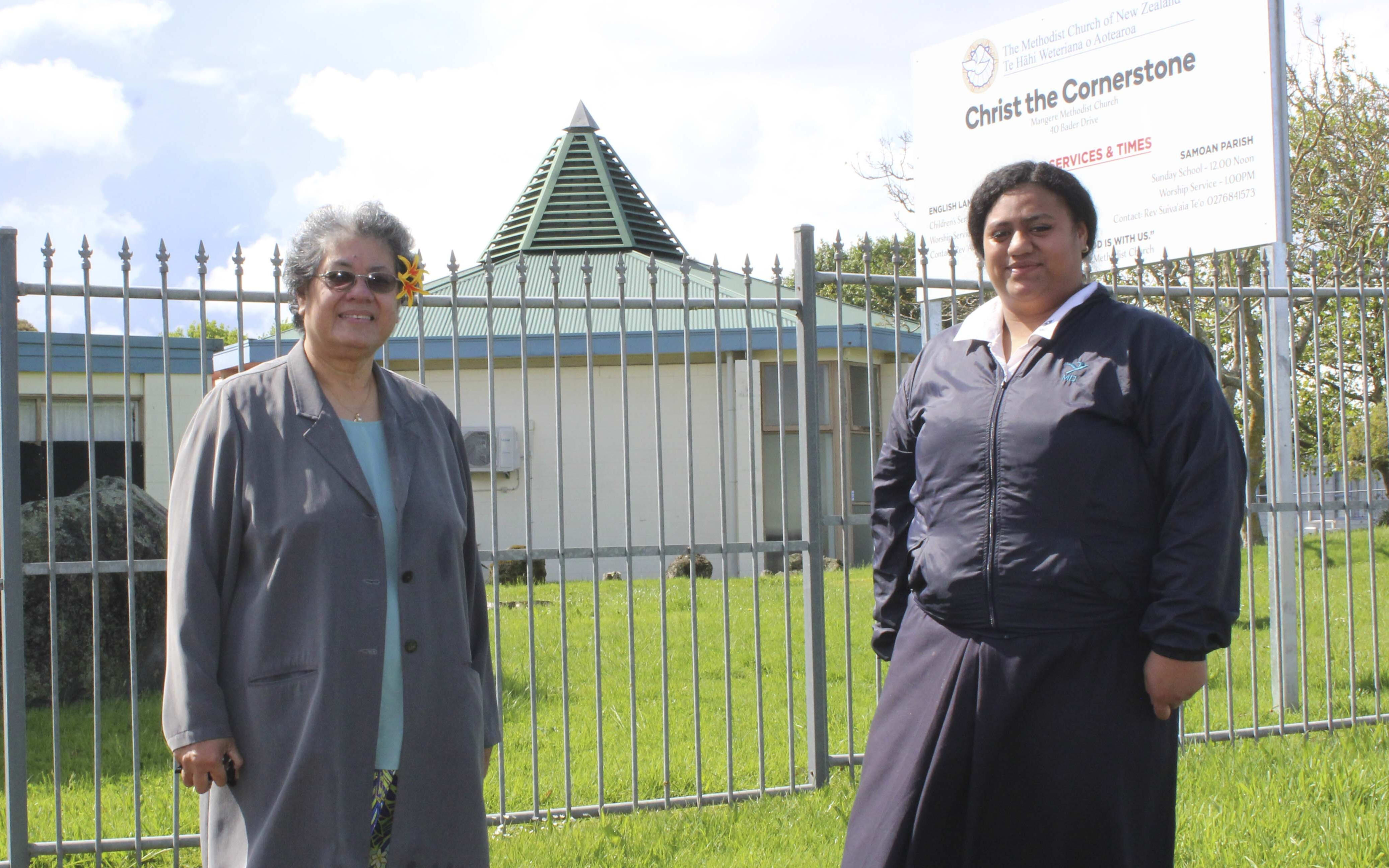 Rev Suiva'aia Te'o and youth group leader Gardinea Lemoa outside Sāmoan Methodist Mangere Central parish.