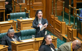 Hana-Rawhiti Maipi-Clarke rips up a copy of the Principles of the Treaty of Waitangi Bill at the conclusion of the Bill's First Reading.
