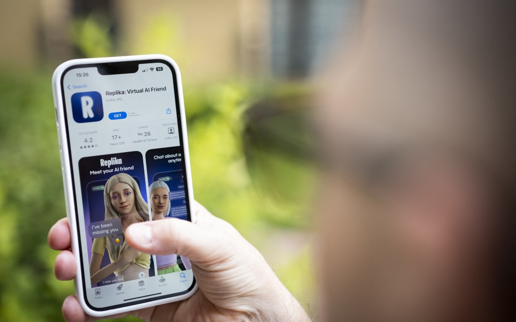 On July 22, 2023, a user searches for an AI chatbot smartphone app known as Replika via the Store app.