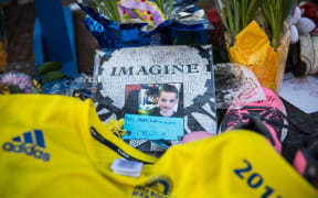 A photo of bombing victim Martin Richard placed near the marathon's finish line.