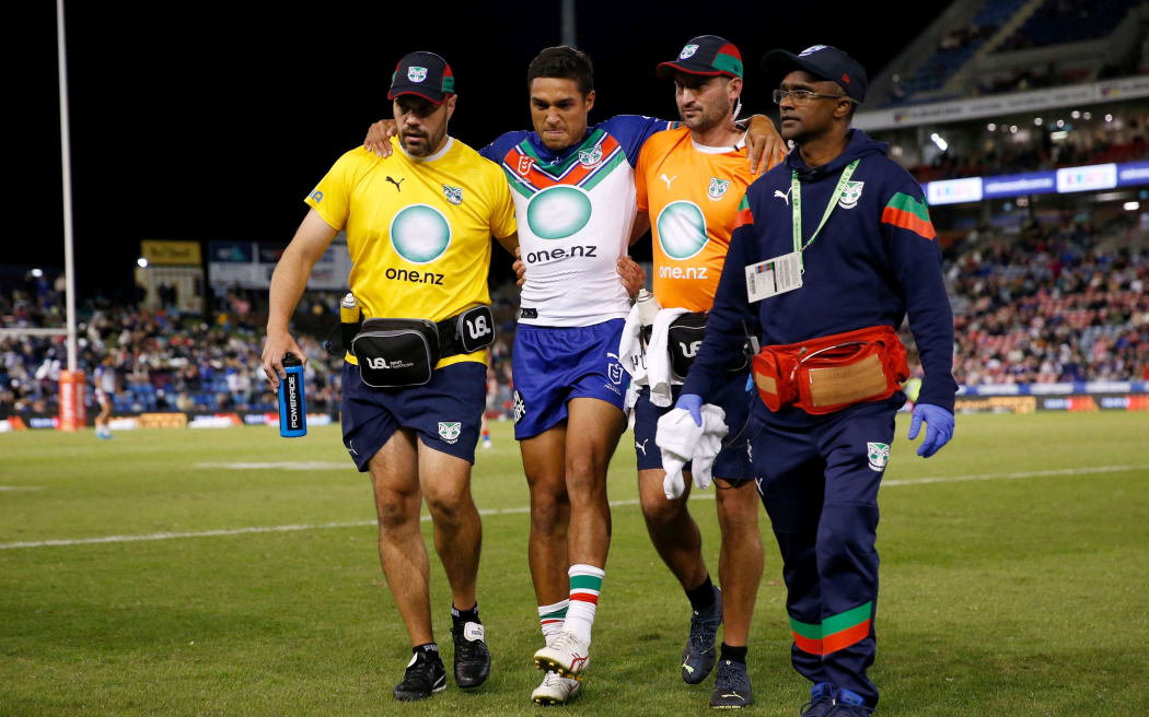 Te Maire Martin is taken off due to injury during the NRL Round 6 match between the Newcastle Knights and the New Zealand Warriors at McDonald Jones Stadium in Newcastle.