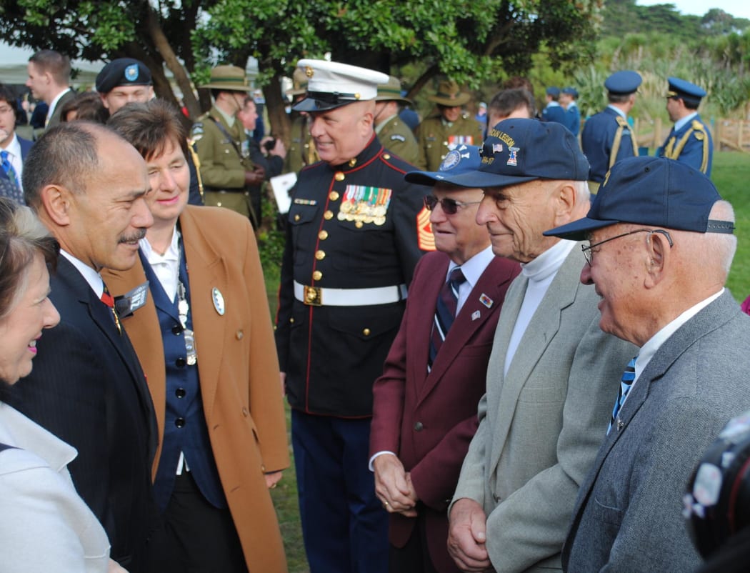 Governor-General Sir Jerry Mateparae met with veterans Frank Zalot Jr,  left, Ray Plant and Ted Picard on Monday.
