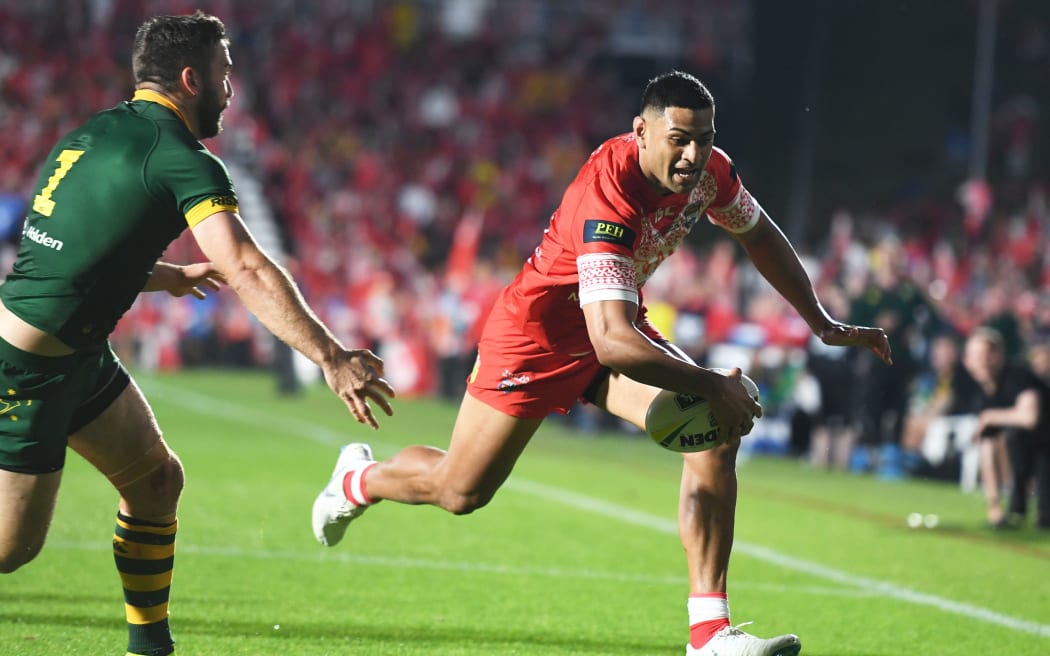 Daniel Tupou scores a try for Tonga,
Tonga v Australia. International Rugby League test match. Mt Smart Stadium, Auckland, New Zealand.