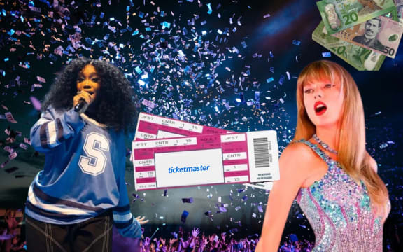 A graphic of SZA and Taylor Swift amidst a crowd of concertgoers.