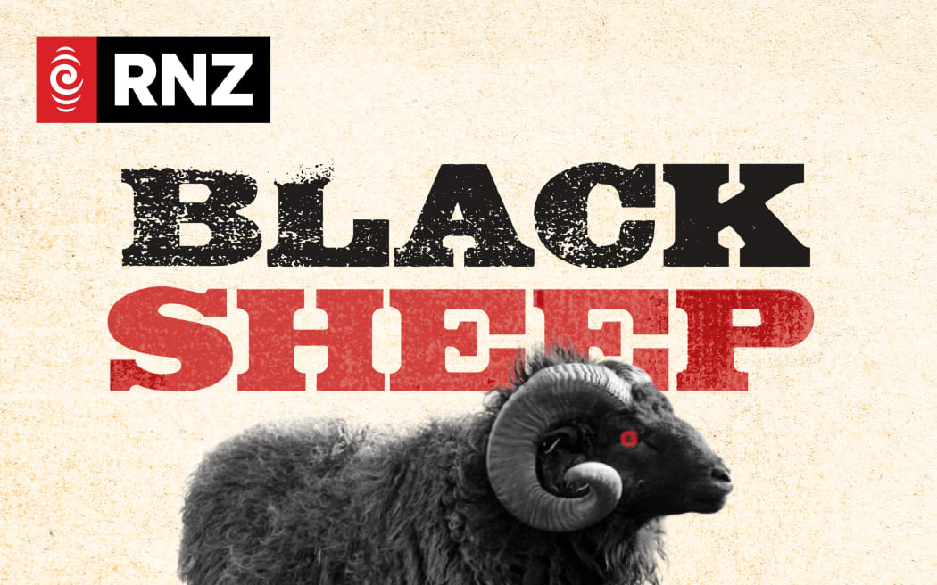 The words "Black Sheep" are displayed in a vintage font above a black sheep with a creepy red eye. In the top left corner is the RNZ logo.