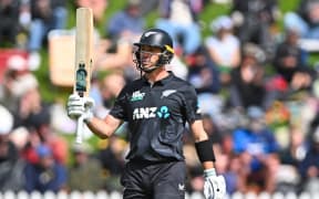New Zealand's Will Young celebrates scoring 50 runs during the first ODI international cricket match against Sri Lanka at the Basin Reserve, Wellington. Young finished unbeaten on 90, 5 January 2025.