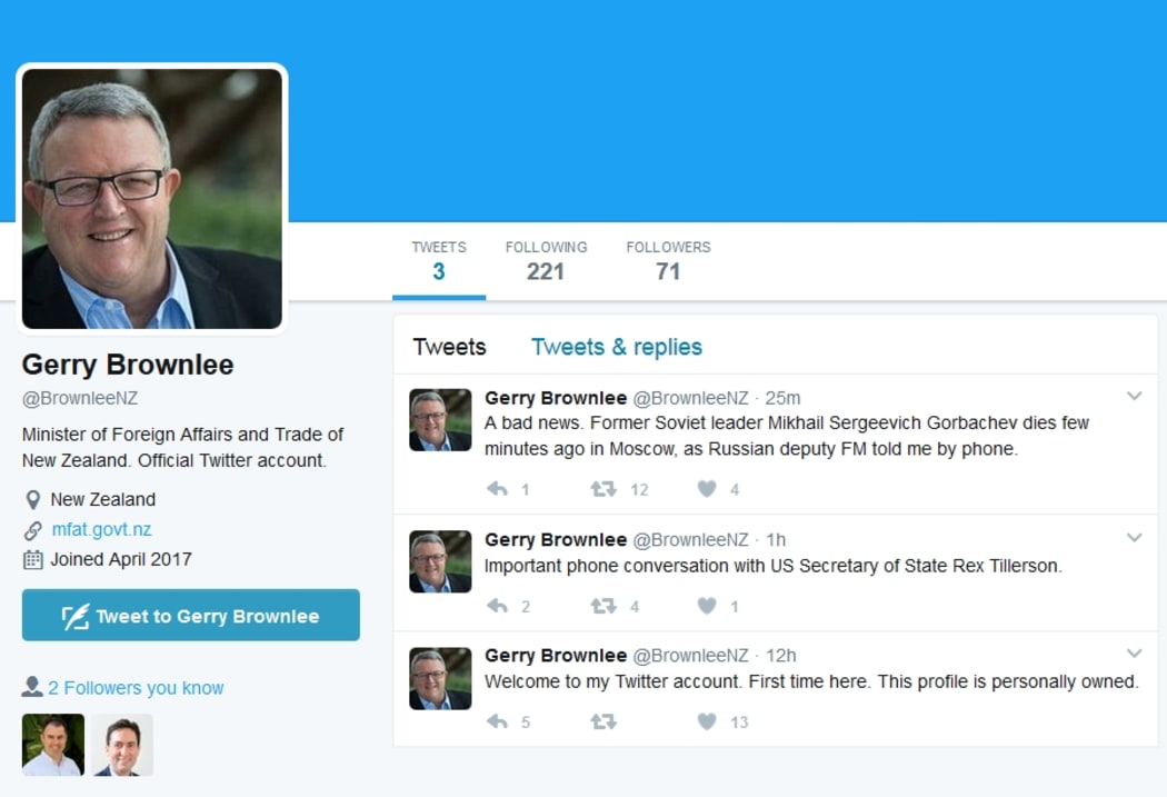The hoax Gerry Brownlee account set up by Tomasso De Benedetti with the fake news about Mikhail Gorbachev.