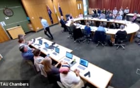 Councillor Adie Doyle leaves the Ruapehu District Council chamber for the duration of the karakia.
Photo taken from Ruapehu District Council livestream.