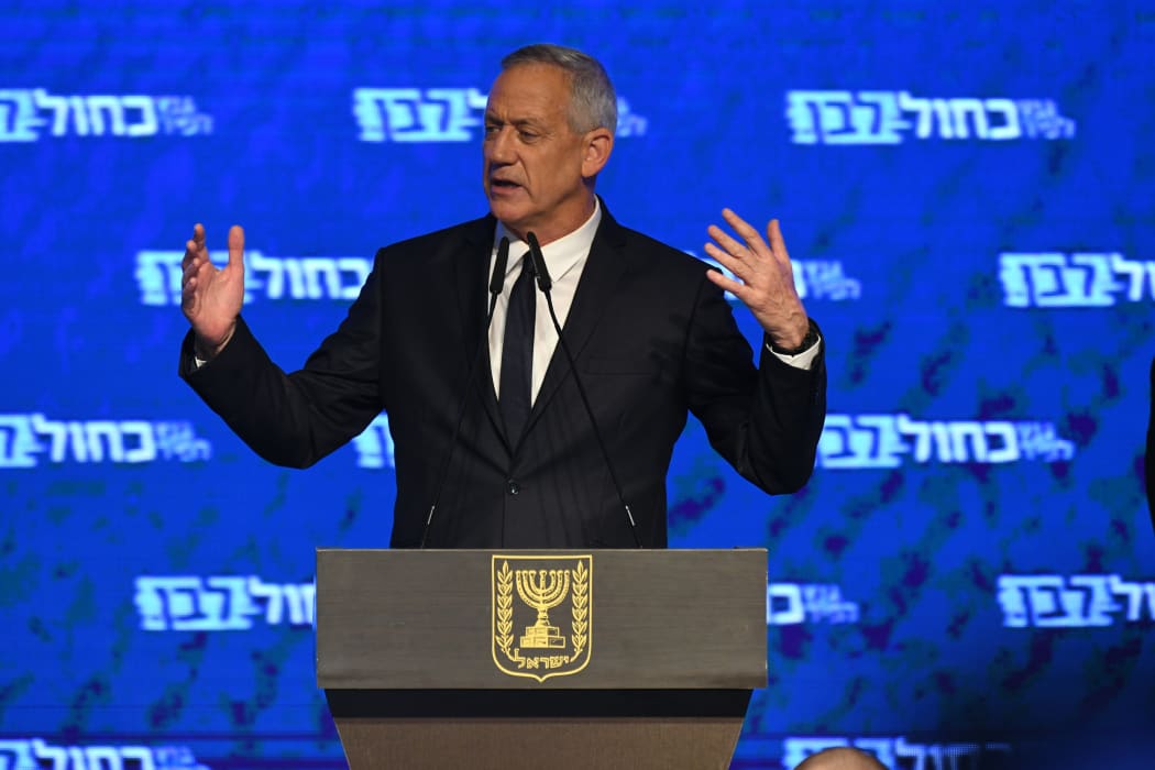Benny Gantz, head of Blue and White Party carries a speach after the release of first voting results in the Israeli general elections, at the party headquarters in Tel Aviv, on April 09, 2019.  (Photo by Gili Yaari/NurPhoto)