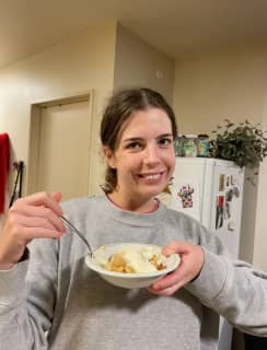 Alice Taylor with bowl of yummy looking food.