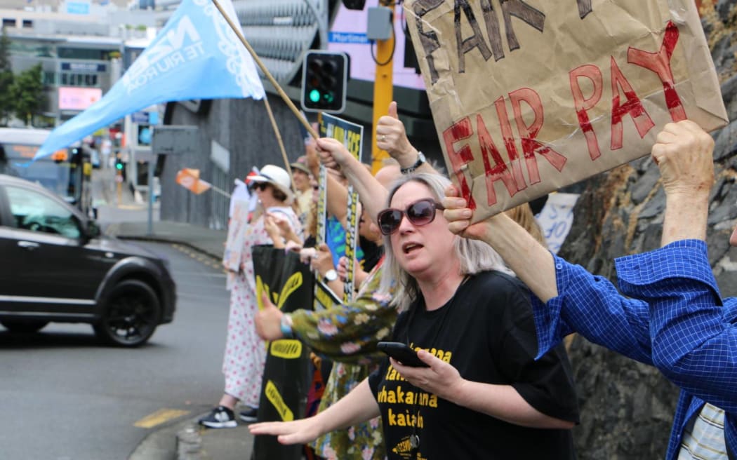 Protesters against changes to Fair Pay Agreements in Auckland, 11 December 2023.
