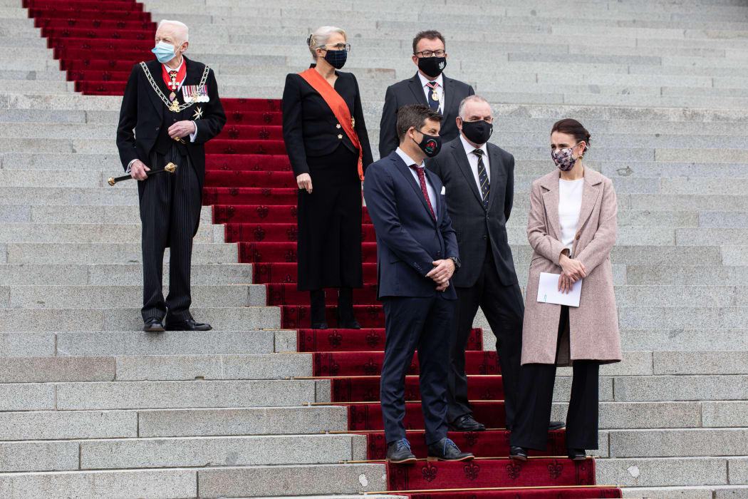 Awaiting the final branch: The Prime Minister, Speaker, Chief Justice, Cabinet Clerk, Clarke Gayford and Herald of Arms all await Dame Cindy Kiro's car at the bottom of Parliament's steps.