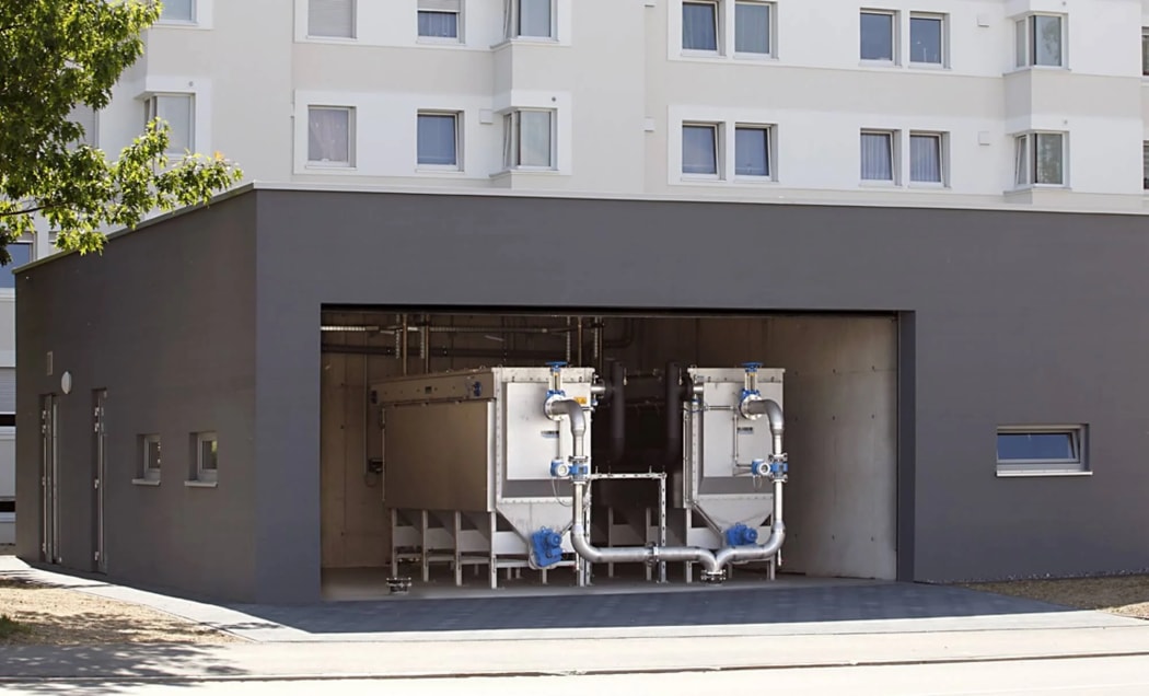 Example of a wastewater heat exchanger at a complex in Germany - providing heat to 102 community apartments for the elderly.