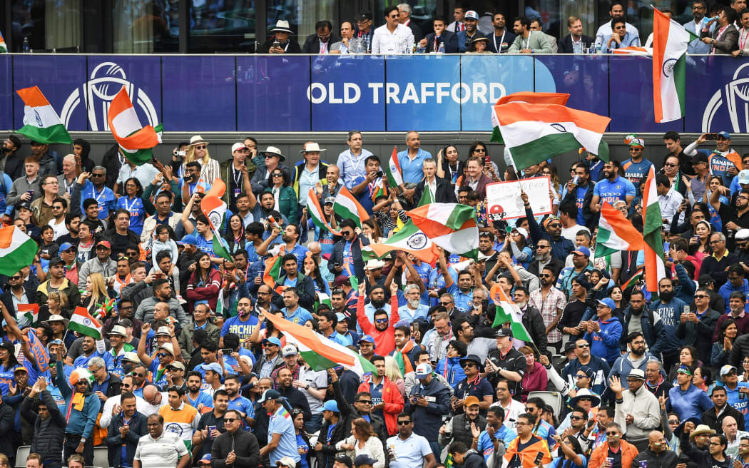 Fans and supporters.
New Zealand Black Caps v India. ICC Cricket World Cup semi final match. Old Trafford Cricket ground, Manchester UK.