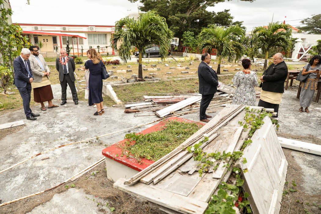 The New Zealand delegation visit the old Tonga Parliament site which was damaged by Cyclone Gita in February 2018.