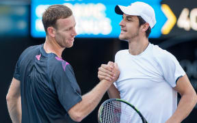 Michael Venus (L) and Mate Pavic in Auckland, 2016.