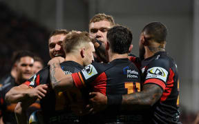The Chiefs celebrates Damian McKenzie's try at Apollo Projects Stadium, Christchurch.